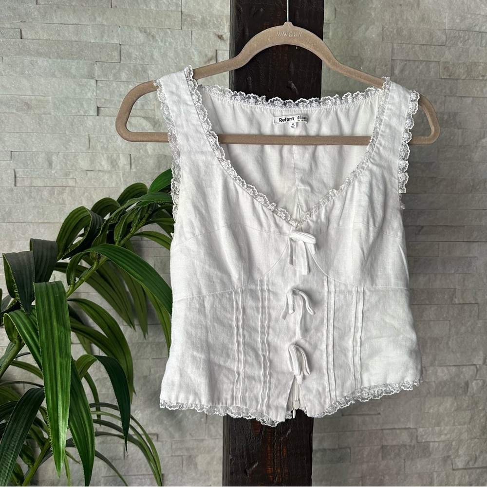 Reformation White “Brenda” Linen Cotton Lace Bustier Blouse Size Small - Picture 3 of 10